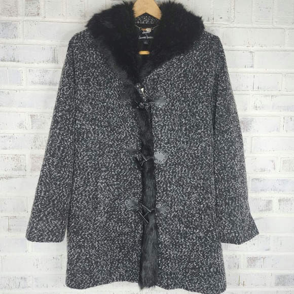 Dennis Basso Womens Wool Blend (7%) Faux Fur Coat- Large- Black and White